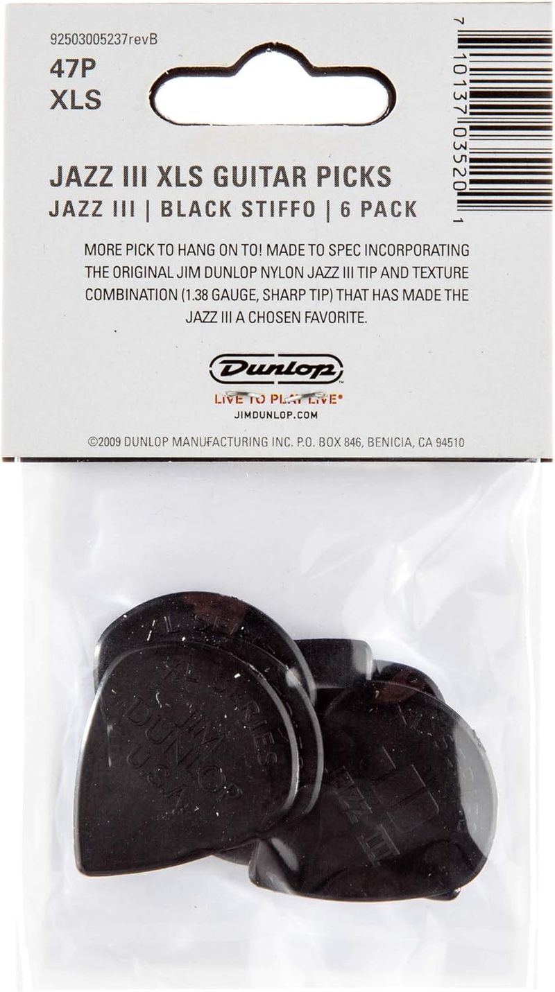 4 Pack de 6 unetas Dunlop 47P3S Jazz III XL Stiffo 1.38mm